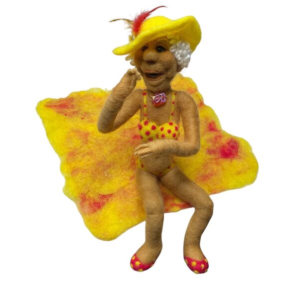 Lorraine Cathey Doll Hand Made Wool Felt Old Lady Yellow Polka Dot Bikini Towel - Picture 1 of 10